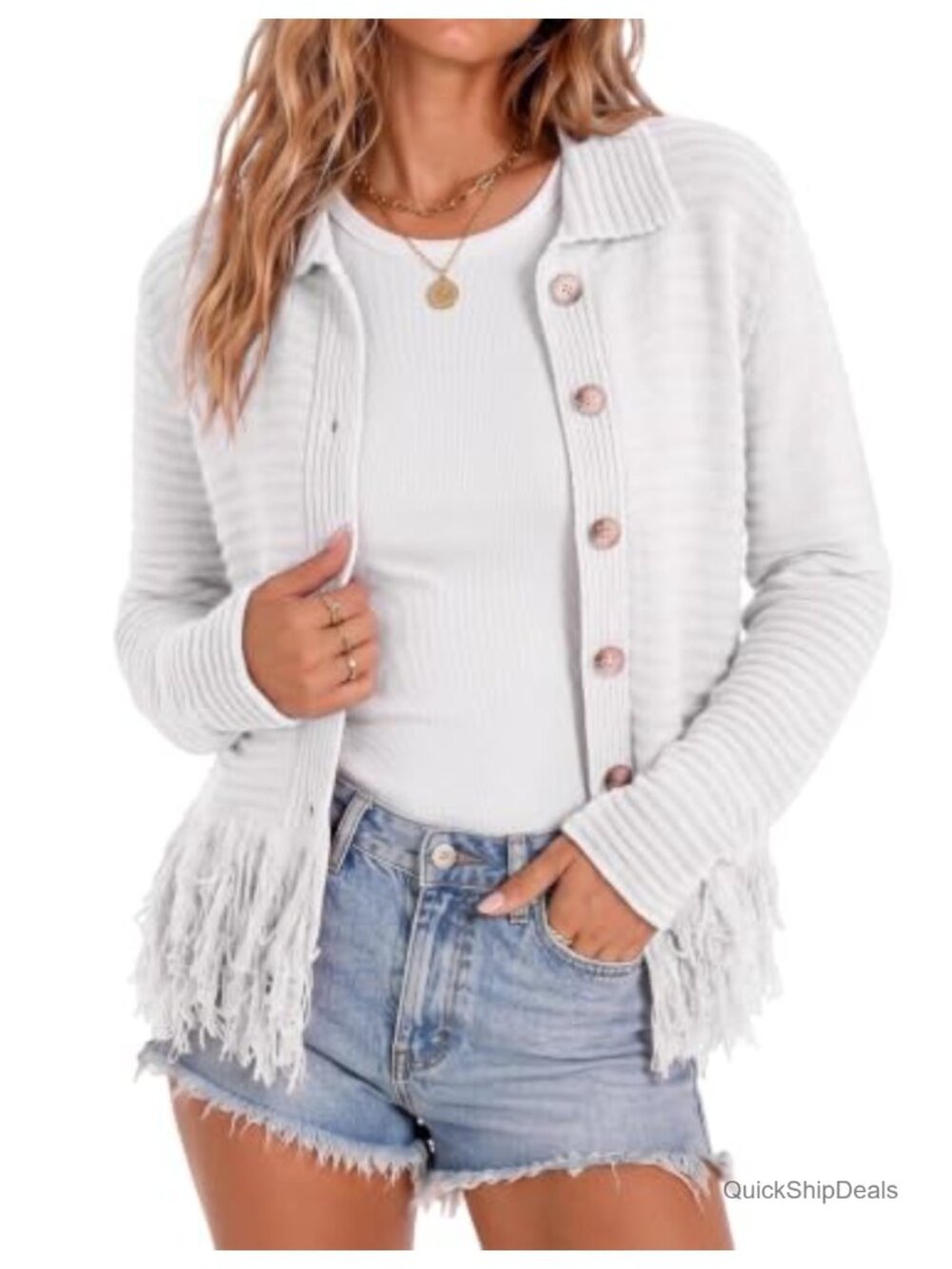 Fringe Cardigan Sweater Button Up Collared Knit Boho Western